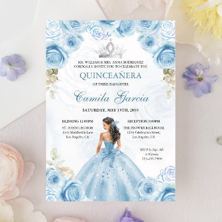 Floral Dusty Blue & Silver Princess Quinceañera Einladung