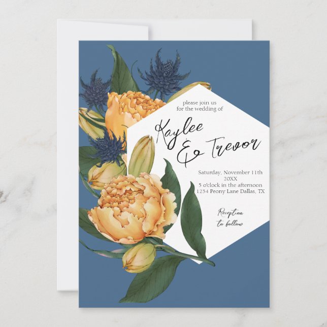 Floral Dusty Blue und Orange Wedding Einladung (Vorderseite)