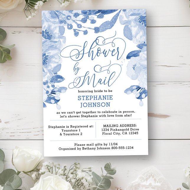 Floral Dusty Blue Virtual Brautparty by Mail Einladung (Long Distance Invitation from my Dusty Blue Watercolor Floral Bridal Shower)