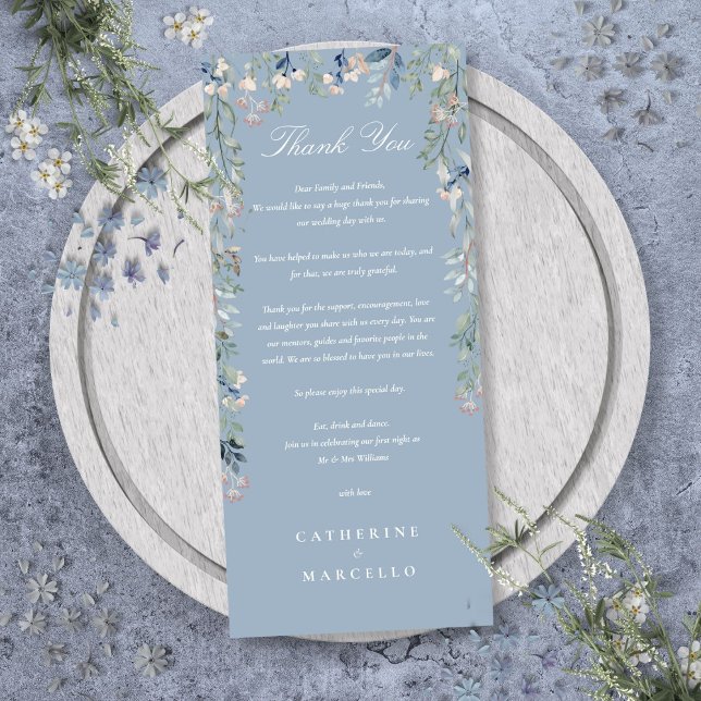 Floral Dusty Blue Wedding Vielen Dank Platzkarte Menükarte (Floral Dusty Blue Wedding Thank You Place Card)