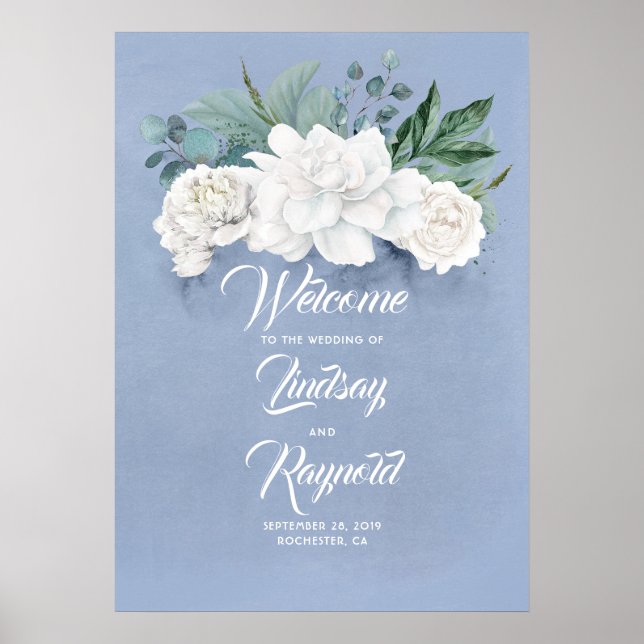 Floral Dusty Blue Wedding Willkommen Poster (Vorne)