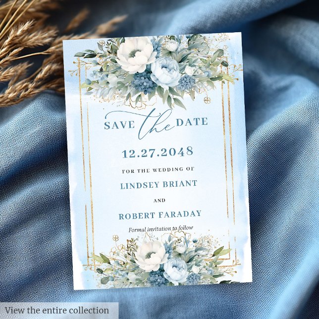 Floral Dusty Blue White Gold Blume Save the Date Einladung (Floral Dusty Blue White Gold Flowers Save The Date)
