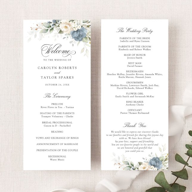 Floral Dusty Blue White Greenery Wedding Program Programm (Von Creator hochgeladen)