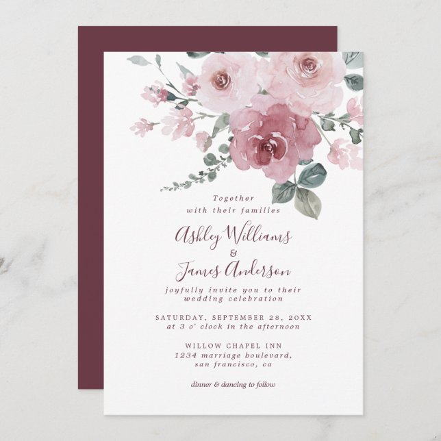 Floral Dusty Pink Rose Burgundy Einladung Hochzeit (Vorne/Hinten)
