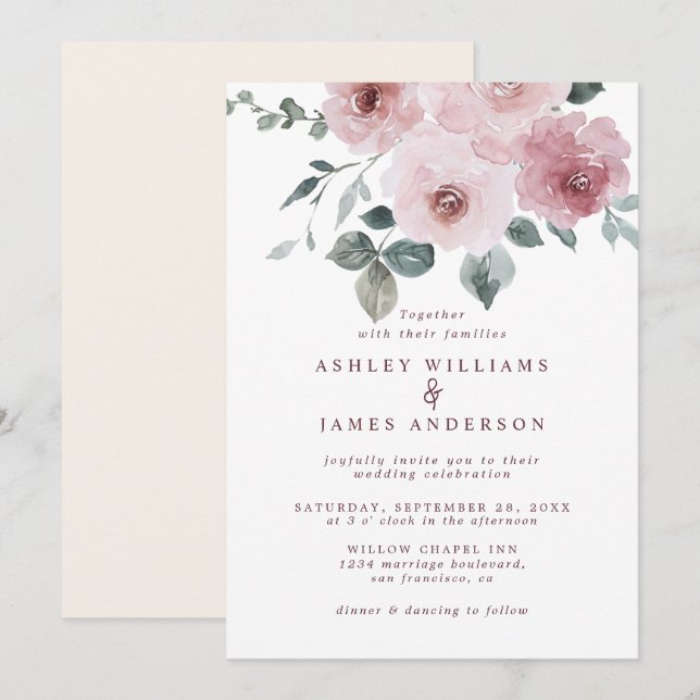 Floral Dusty Pink Rose Burgundy Elvory Wedding Einladung (Vorne/Hinten)