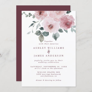 Floral Dusty Pink Rose Burgundy Wedding Einladung