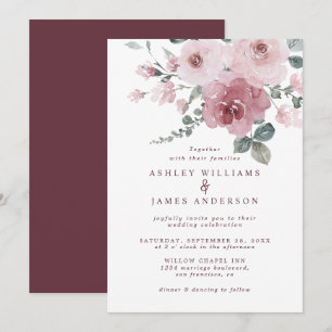Floral Dusty Pink Rose Burgundy Wedding Einladung