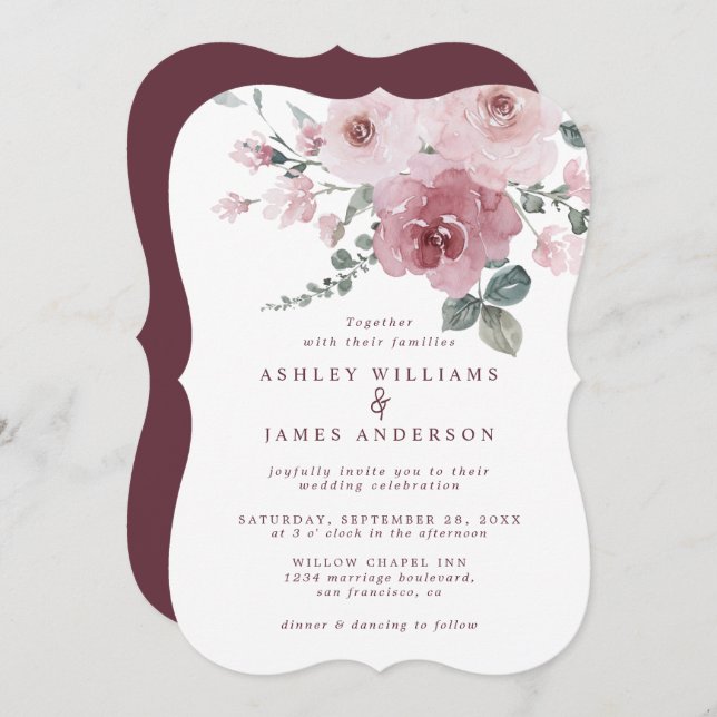 Floral Dusty Pink Rose Burgundy Wedding Einladung (Vorne/Hinten)