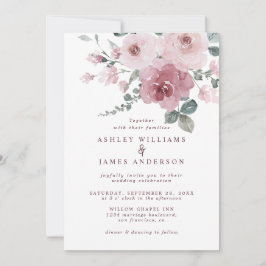 Floral Dusty Pink Rose Burgundy Wedding Einladung