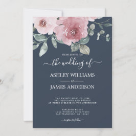 Floral Dusty Pink Rose Dark Blue Wedding Einladung