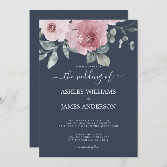 Floral Dusty Pink Rose Dark Blue Wedding Einladung (Vorne/Hinten)