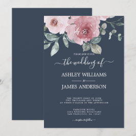 Floral Dusty Pink Rose Dark Blue Wedding Einladung