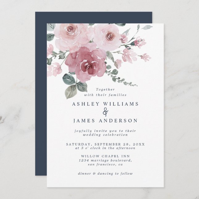Floral Dusty Pink Rose Dark Blue Wedding Einladung (Vorne/Hinten)