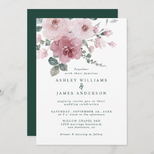 Floral Dusty Pink Rose Dark Green Wedding Einladung