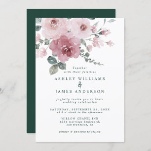 Floral Dusty Pink Rose Dark Green Wedding Einladung