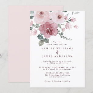 Floral Dusty Pink Rose Elfenbeinhochzeit Einladung