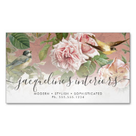 Floral Dusty Pink Vintage Rose Peony Birds Elegant Magnetische Visitenkarte