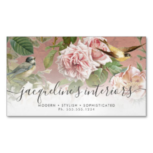 Floral Dusty Pink Vintage Rose Peony Birds Elegant Magnetische Visitenkarte