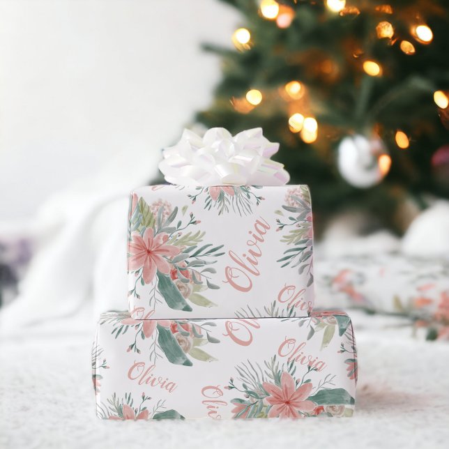 Floral dusty pink wassercolor Baby Mädchenname-Skr Geschenkpapier (Floral dusty pink watercolor Baby Girl Name script Wrapping Paper)