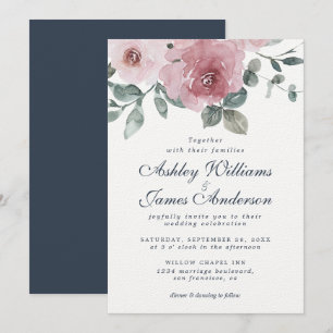 Floral Dusty Rose Dark Blue Wedding Einladung