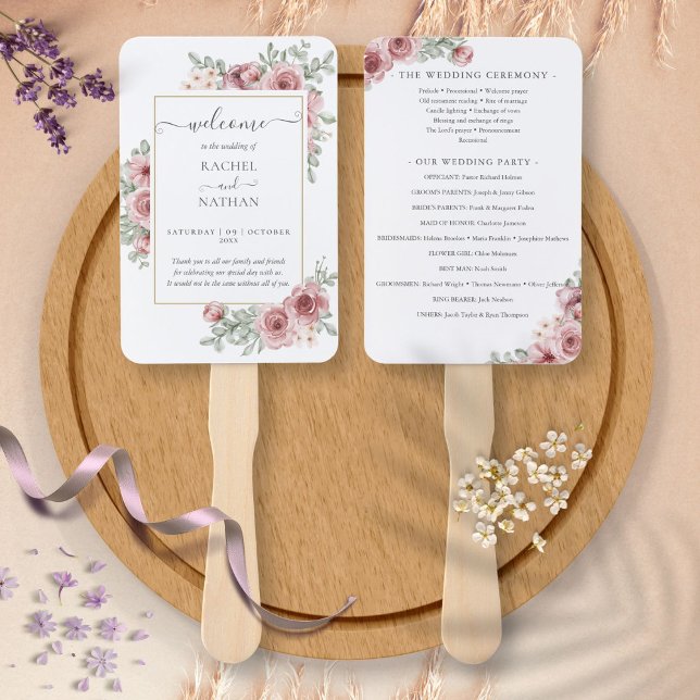 Floral Dusty Rose Elegantes Hochzeitsprogramm Fächer (Floral Dusty Rose Elegant Wedding Program Hand Fan)