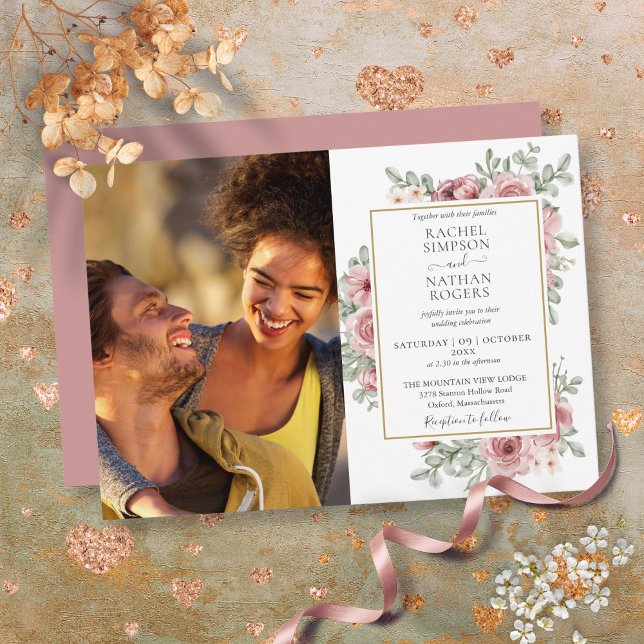 Floral Dusty Rose Gold Foto Hochzeit Einladung (Floral Dusty Rose Gold Photo Wedding Invitation)
