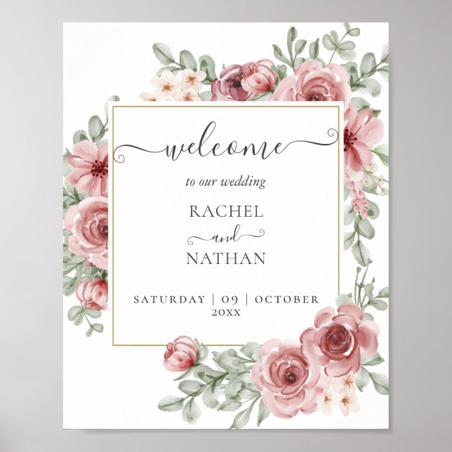 Floral Dusty Rose Gold Wedding Willkommenszeichen Poster (Vorne)