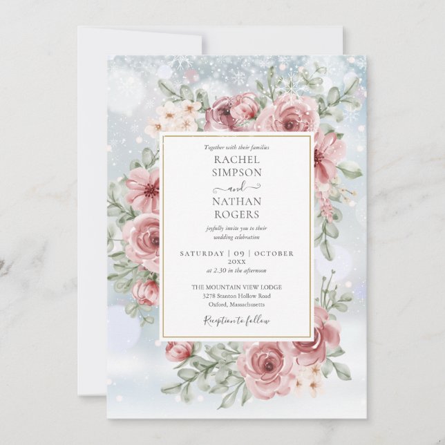 Floral Dusty Rose Gold Winter Wedding Einladung (Vorderseite)