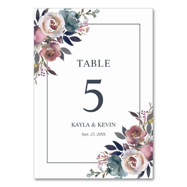 Floral Dusty Rose Mauve Navy Blue Wedding Tischnummer (Vorderseite)
