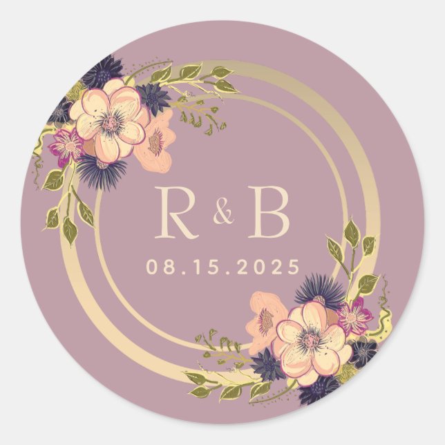Floral Dusty Rose Monogram Wedding Runder Aufkleber (Vorderseite)