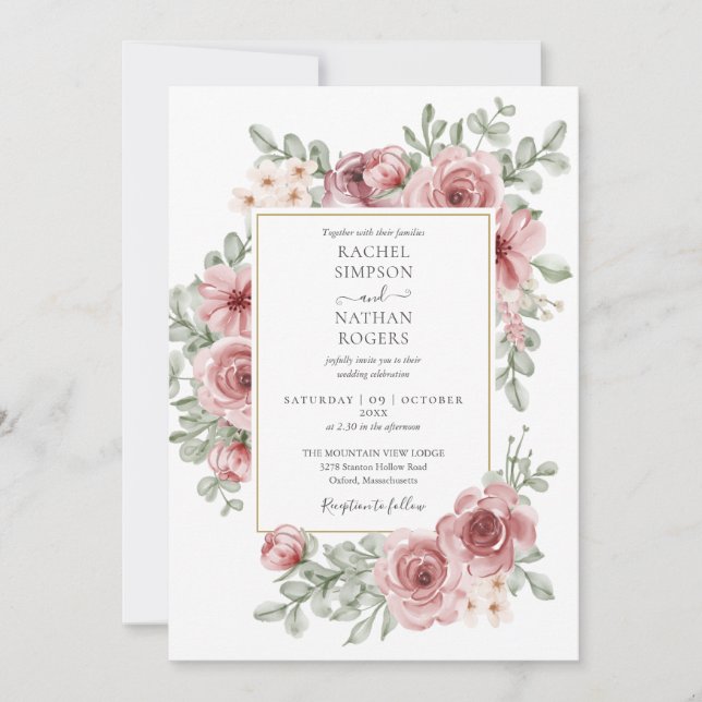 Floral Dusty Rose QR Code Hochzeit Einladung (Vorderseite)