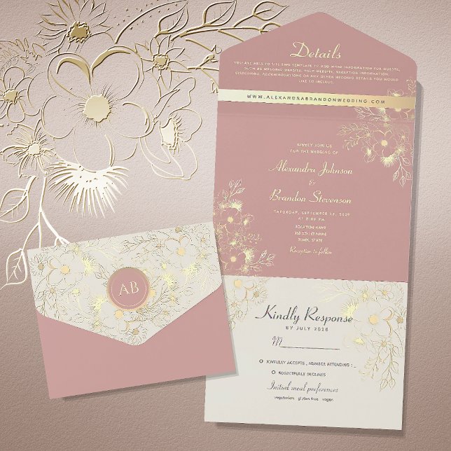 Floral Dusty Rose Wedding All In One Einladung (Von Creator hochgeladen)
