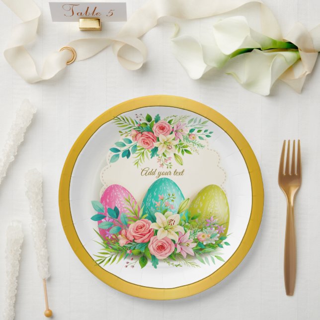 Floral Easter Eggs & Pink Roses Personalized Party Pappteller (Hochzeit)