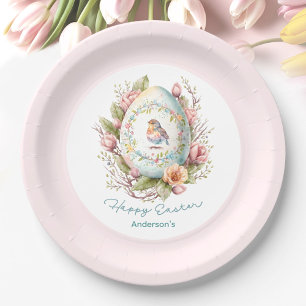 Floral Ei Bird Rosa Vintager Familienname Oster Pappteller