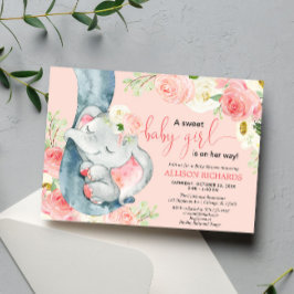Floral Elefant, süßes Mädchen, rötlich pink creme Einladung