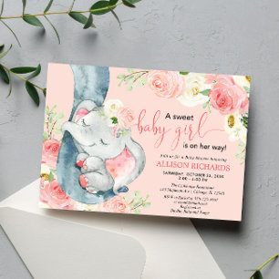 Floral Elefant, süßes Mädchen, rötlich pink creme Einladung