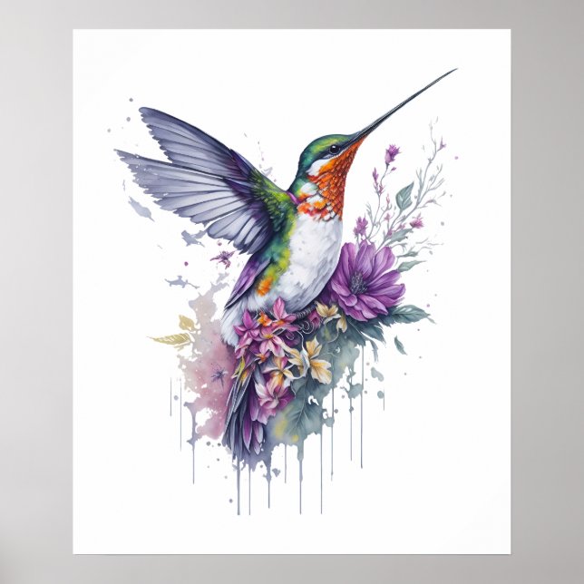 Floral Elegance - Wasserfarbe Hummingbird Poster (Vorne)