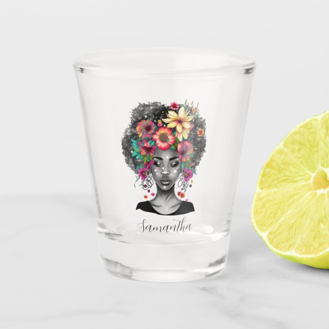 Floral Elegant Afro Frau Schnapsglas (Vorderseite)