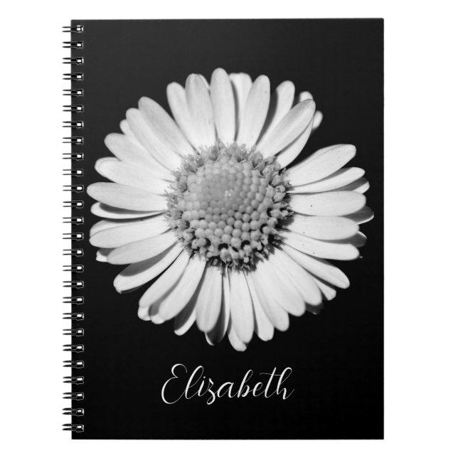 Floral Elegant Big Black und White Daisy Add Name Notizblock (Vorderseite)