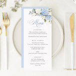 Floral Elegant Blue White Hydrangea Wedding Menu Menükarte<br><div class="desc">Blumenblauer Hydrangea Grüne Hochzeitsmenü. Elegante florale White & Blue Hydrangea Hochzeitskarte. Vorlage für das offizielle Hochzeitmenü</div>