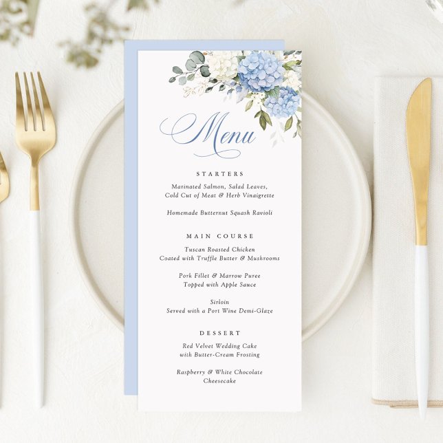 Floral Elegant Blue White Hydrangea Wedding Menu Menükarte (Von Creator hochgeladen)