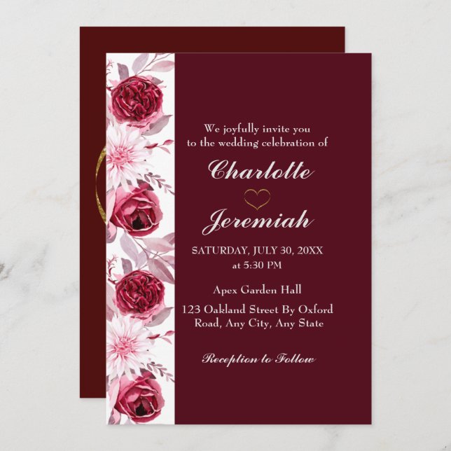 Floral Elegant Blush Pink Burgundy Script Hochzeit Einladung (Vorne/Hinten)
