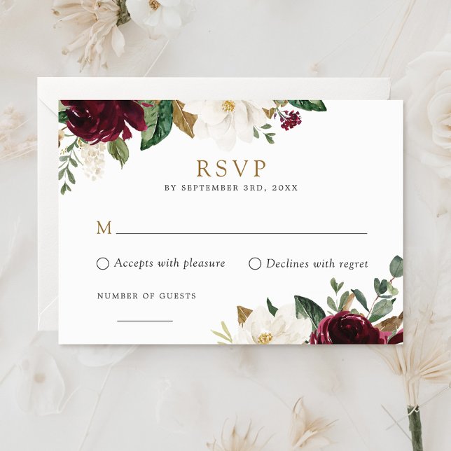 Floral Elegant Burgundy White Magnolia RSVP Card Einladung (Von Creator hochgeladen)