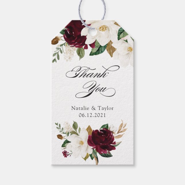 Floral Elegant Burgundy White Magnolia Wedding Geschenkanhänger (Vorderseite)