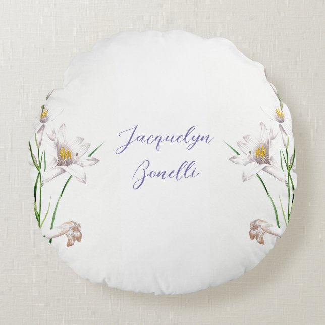 Floral Elegant Chic Niedliche Kalligrafie Name Rundes Kissen (Vorderseite)