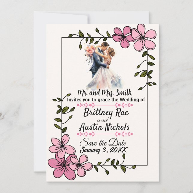 Floral Elegant Couple Wedding Invitation Einladung (Vorderseite)