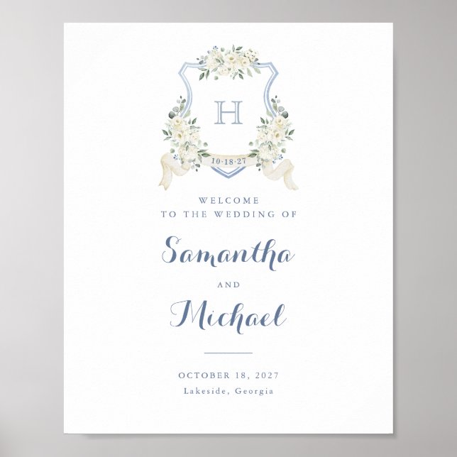 Floral Elegant Dusty Blue Crest Welcome Sign Poster (Vorne)