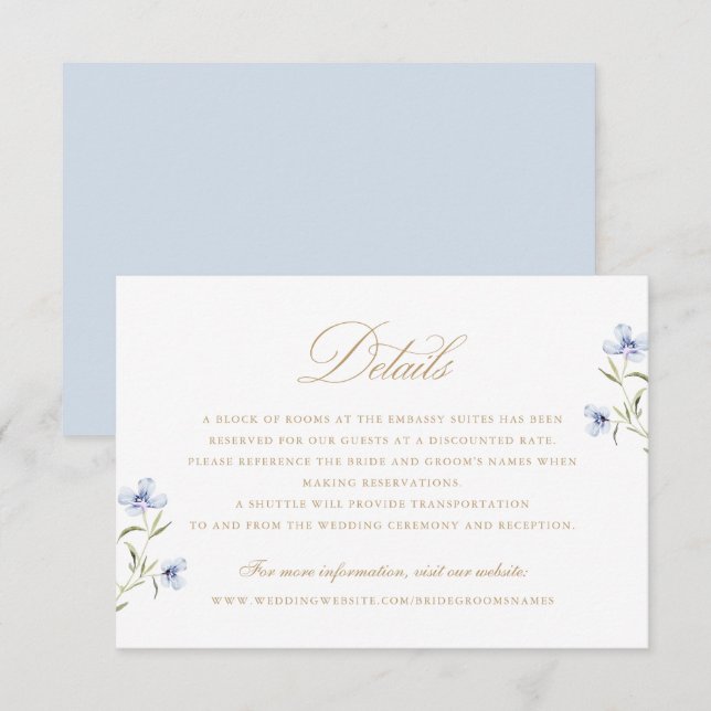Floral Elegant Dusty Blue Gold Hochzeiten Details Einladung (Vorne/Hinten)