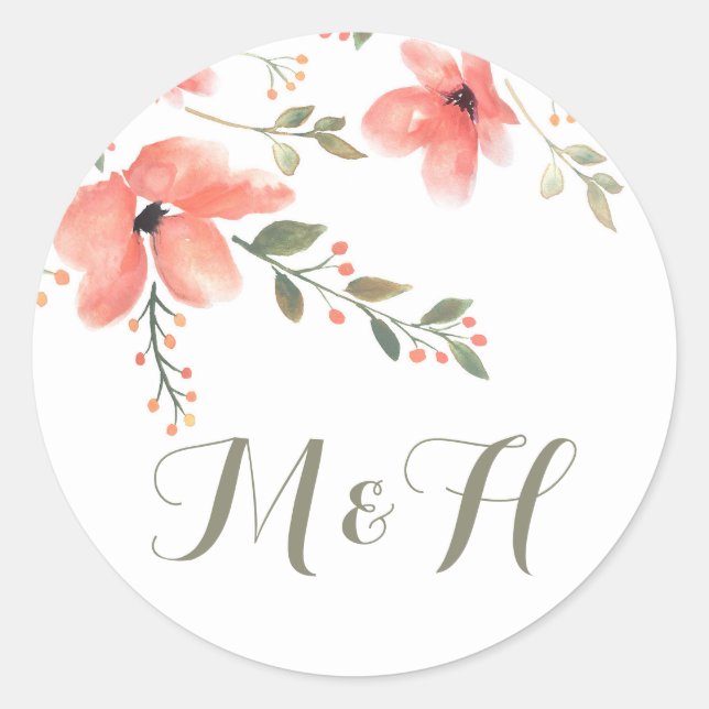 Floral Elegant Hochzeitsticker-Wasserfarben-Blume Runder Aufkleber (Vorderseite)