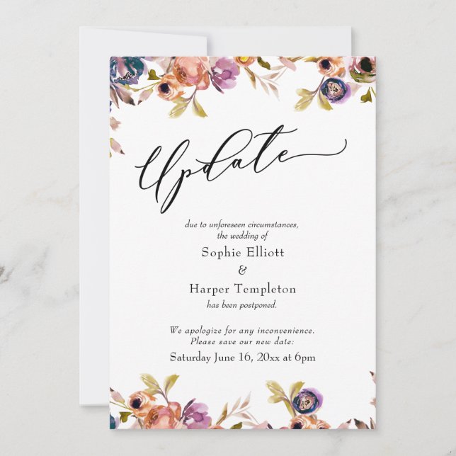 Floral Elegant Hochzeitsupdate-Karte aufgeschoben Einladung (Vorderseite)